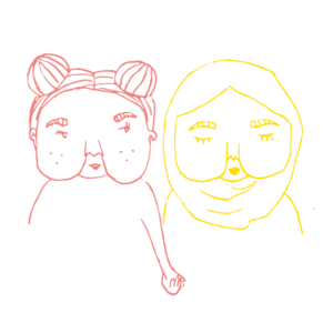 Illustration av två tjejer som håller varandra i handen.